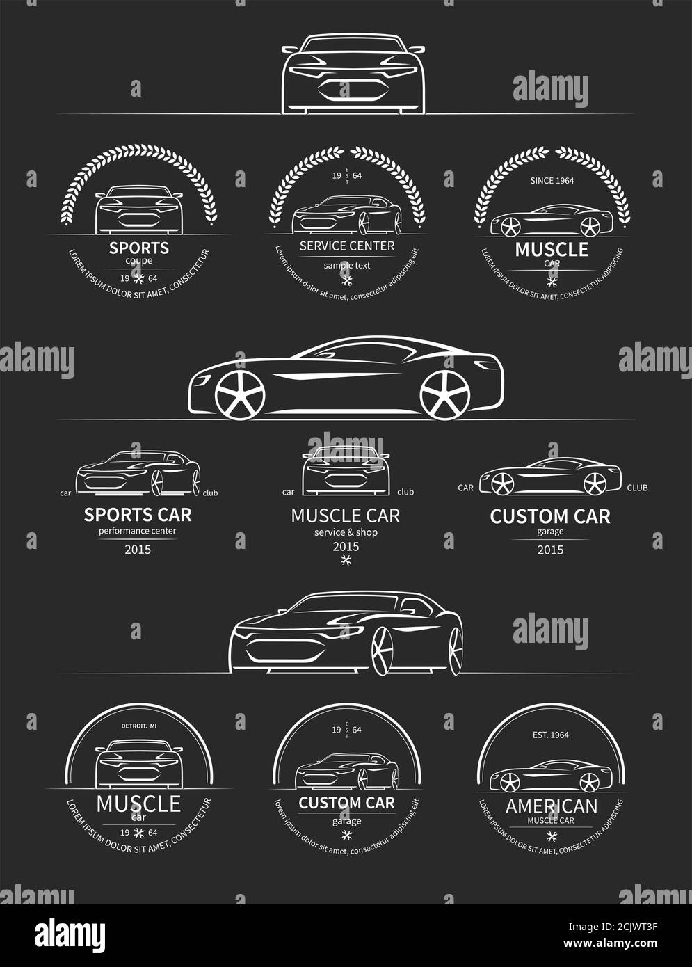 Set di servizi di auto sportive, club, negozio, etichette garage, badge, emblemi ed elementi di design in stile vintage. Illustrazione vettoriale Illustrazione Vettoriale