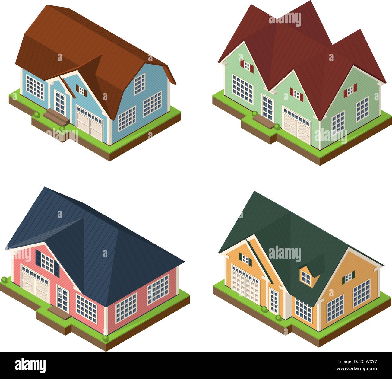 Set di icone di case private 3d isometriche Illustrazione Vettoriale