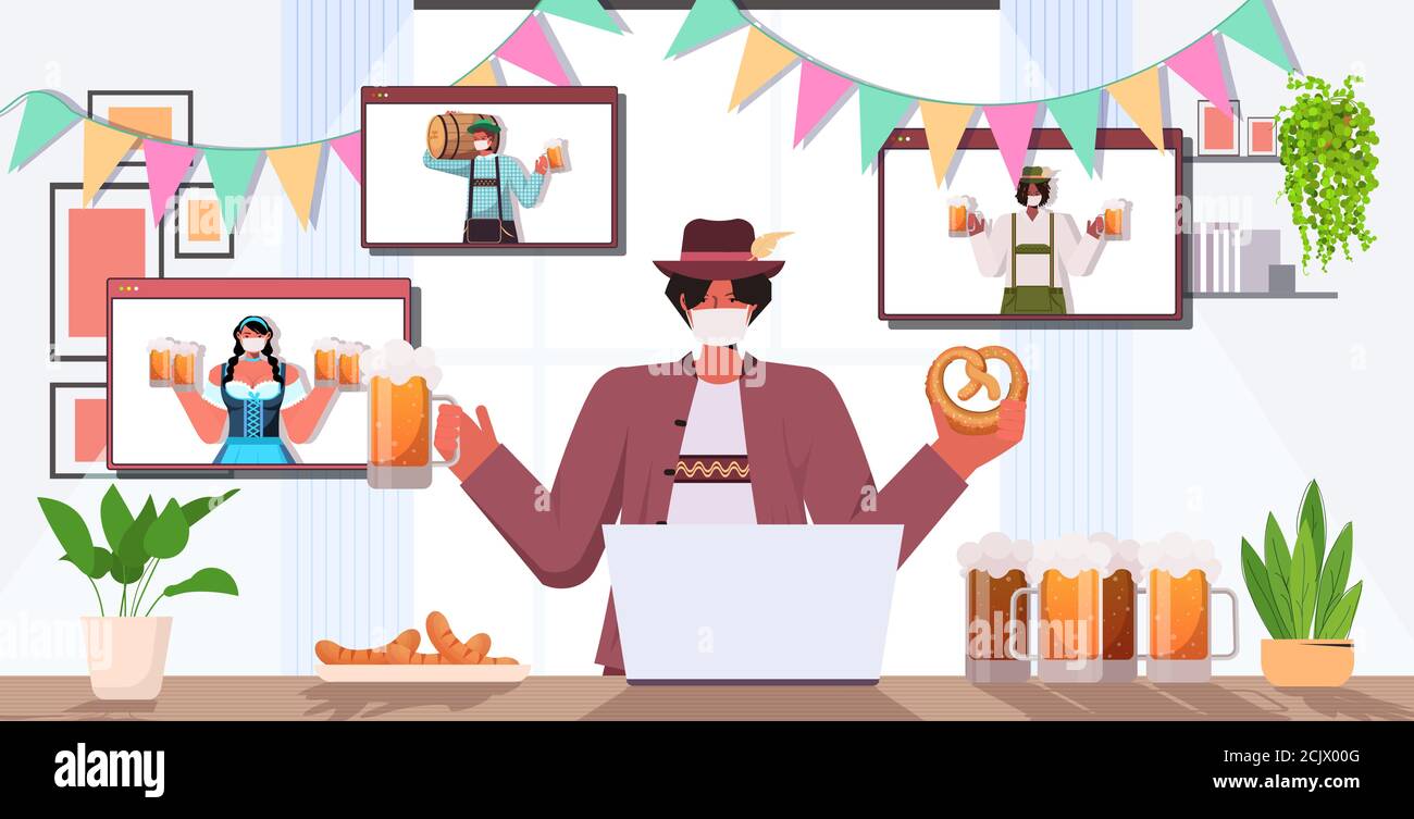 uomo in maschera bere birra discutere con amici di gara mix Durante la videochiamata Oktoberfest festa celebrazione coronavirus quarantena auto isolamento illustrazione vettoriale orizzontale Illustrazione Vettoriale