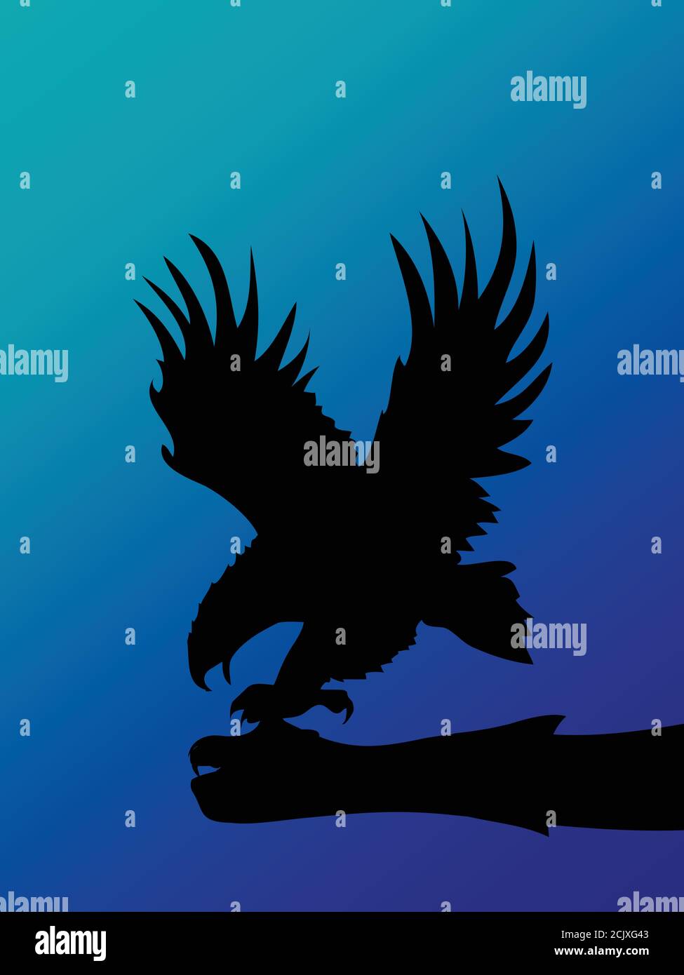 Silhouette nera di un'aquila che si appropria del danno con il guanto Sfondo verticale su sfumatura blu Illustrazione Vettoriale