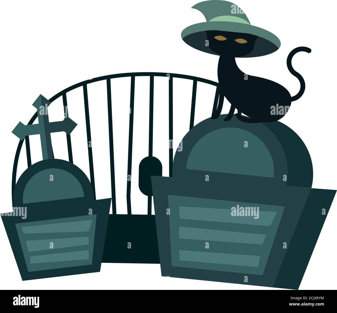 Halloween gatto con cappello a disegno cimitero, vacanza e tema spaventoso illustrazione vettoriale Illustrazione Vettoriale