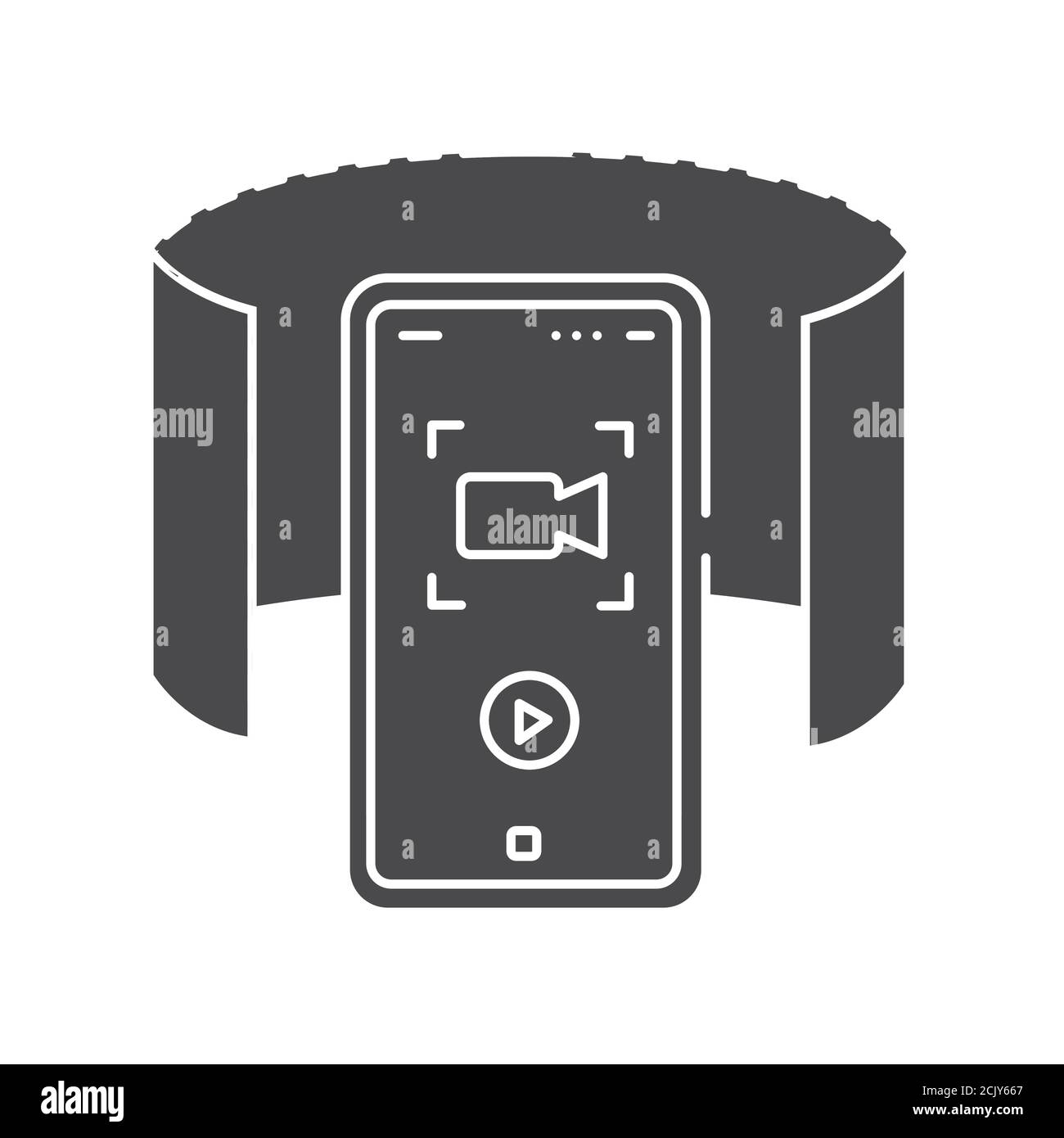 videocamera panoramica a 360 gradi sullo smartphone icona glifo nero. Tecnologia innovativa. Pittogramma per pagina web, app mobile, promo. PROGETTAZIONE GUI UI UX Illustrazione Vettoriale