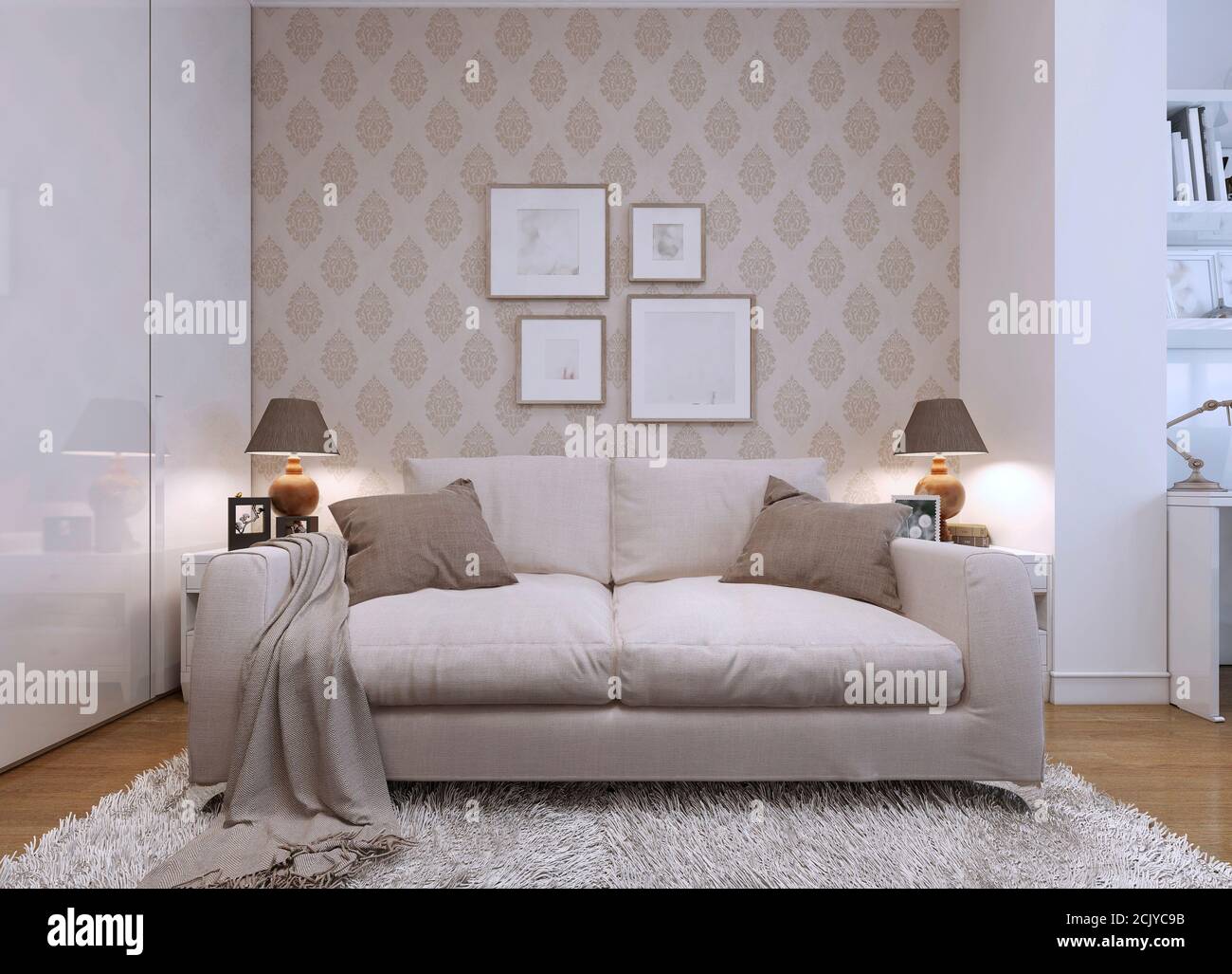 Divano beige nel soggiorno in stile moderno. Sfondo sulle pareti con un  motivo. L'opera d'arte sulla parete. Rendering 3D Foto stock - Alamy