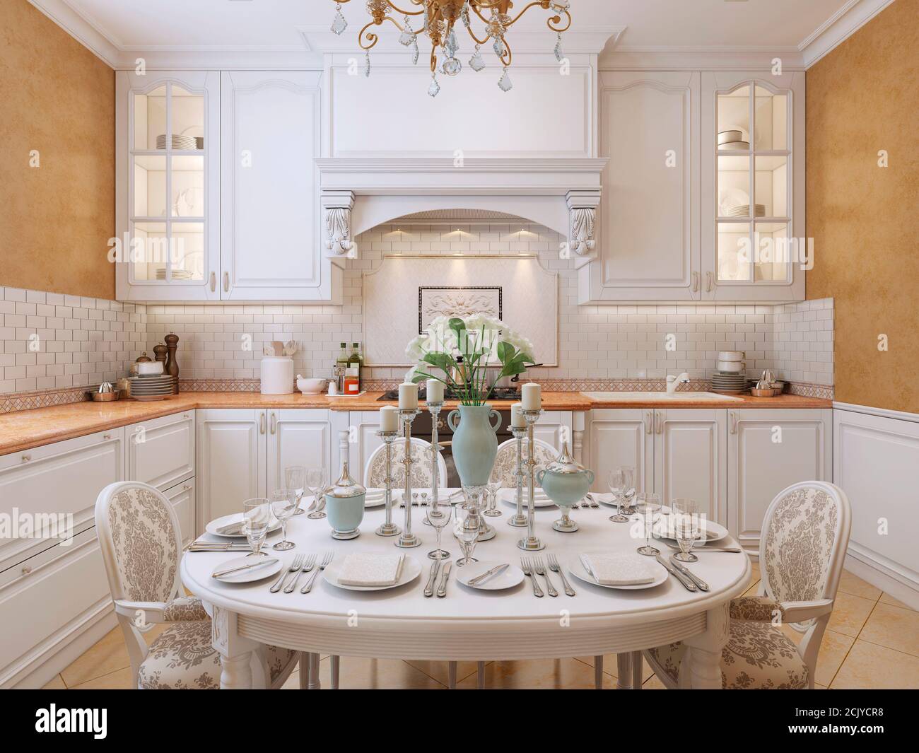 Cucina di lusso in stile classico. Con mobili bianchi e pareti oranzhevіmi in gesso veneziano. Rendering 3D. Foto Stock
