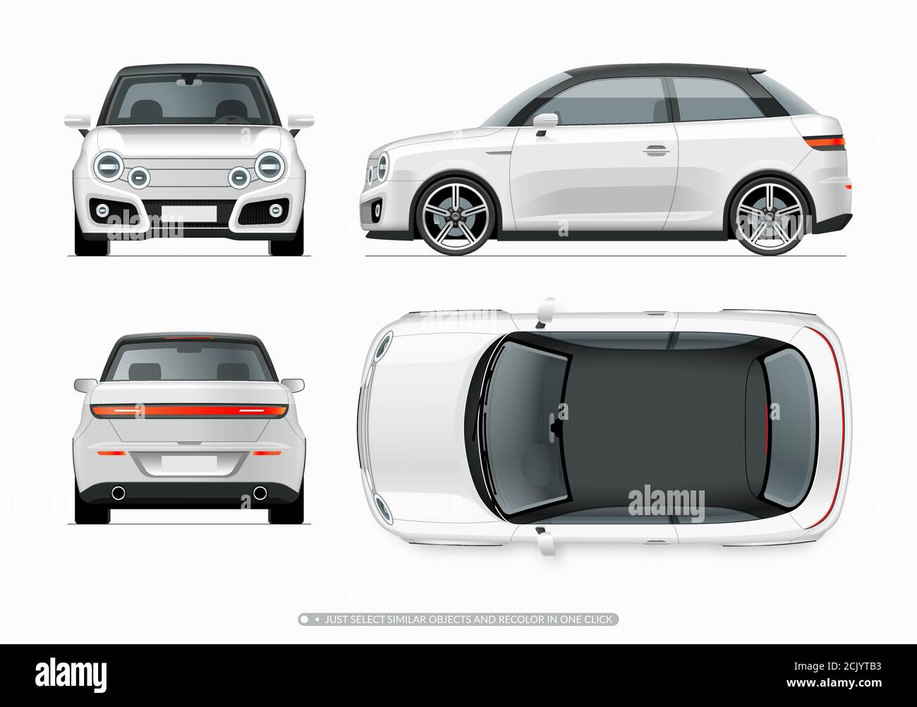 Moderno mockup di auto da città compatte. Vista laterale, superiore, anteriore e posteriore. Illustrazione Vettoriale