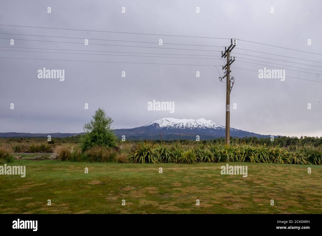 Paesaggio neozelandese con Monte Ruapehu e cavo telefonico Foto Stock