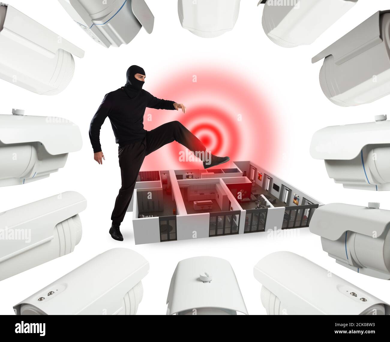 Ladro con balaclava è pronto a rubare un appartamento, ma è controllato da telecamere di videosorveglianza Foto Stock