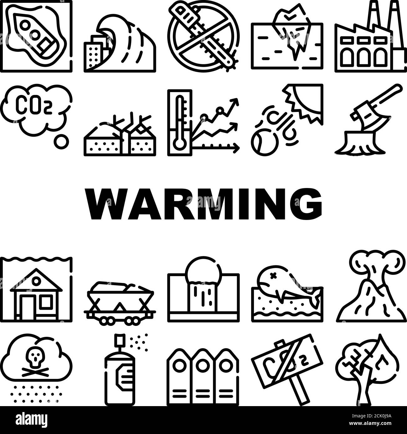 Global Warming Problem Collection Icons Imposta vettore Illustrazione Vettoriale