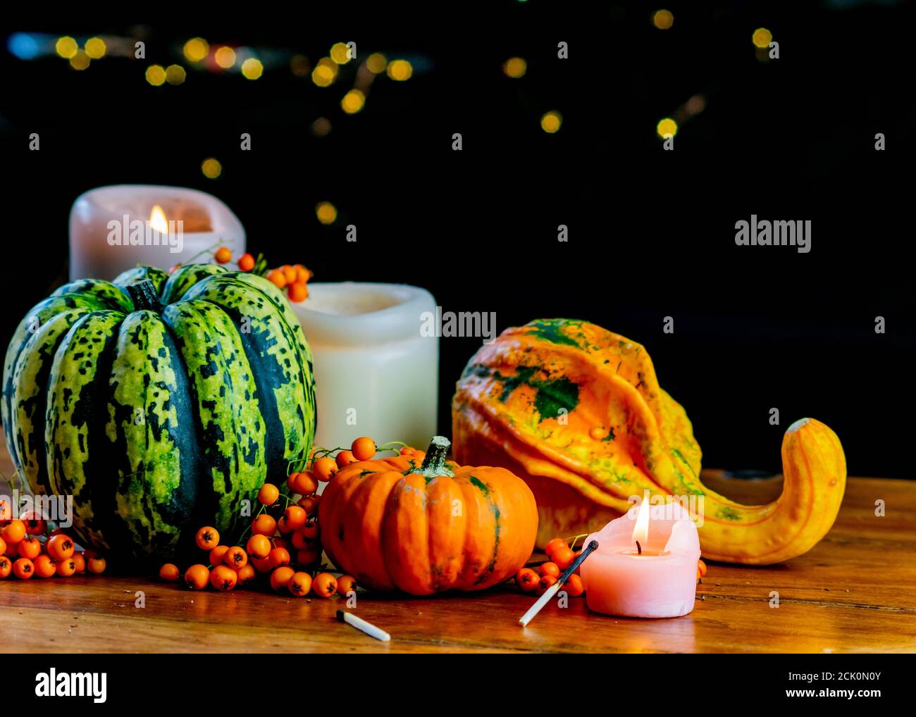 Varietà di zucche, bacche di rowan e candele su tavola rustica in legno e sfondo nero con bokeh. Autunno simbolico verdure in verde, giallo e. Foto Stock