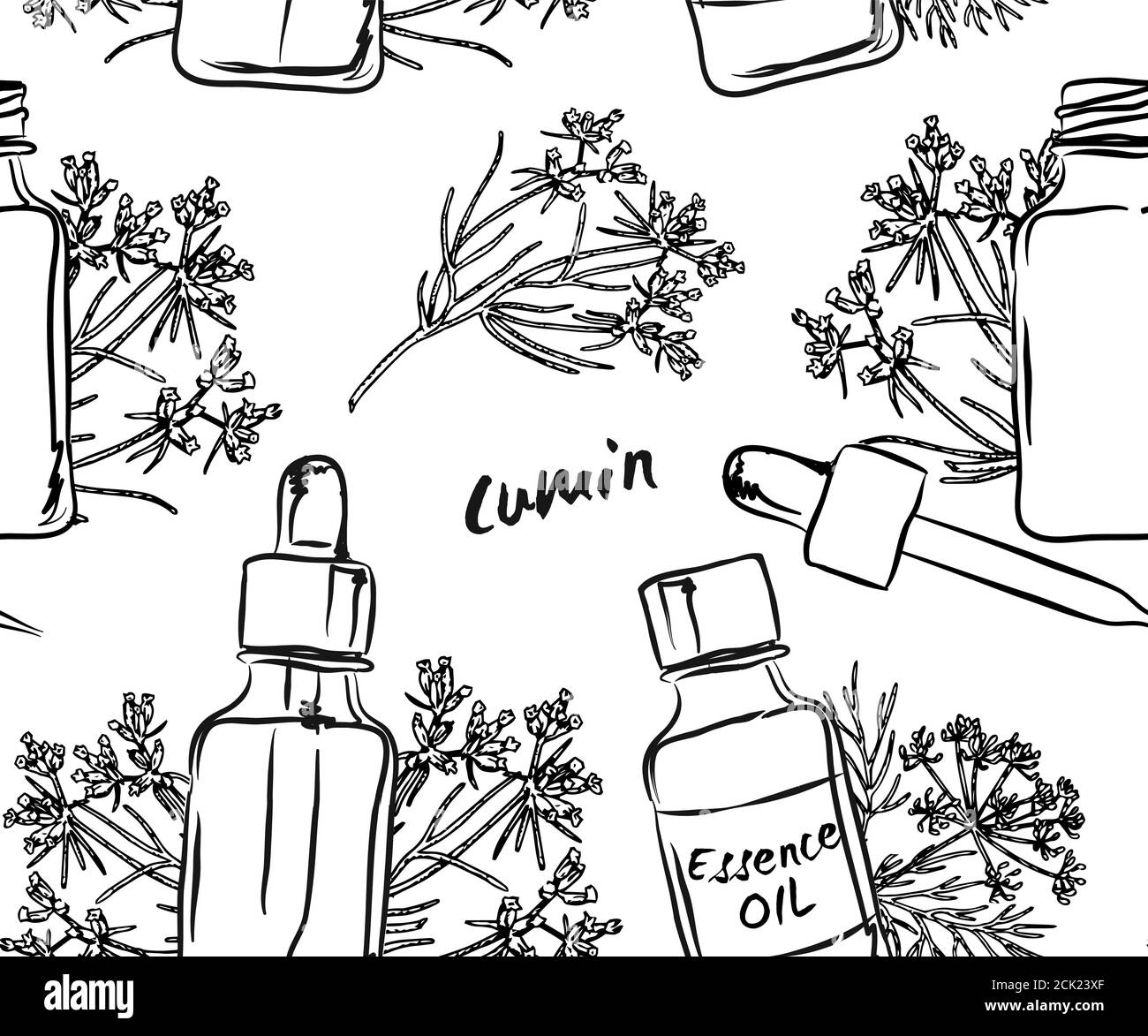 Bottiglie di olii essenziali in bianco e nero trafilate a mano, senza cuciture con bottiglie di olii essenziali: Olio essenziale olio cosmetico, profumo e curativo e Illustrazione Vettoriale