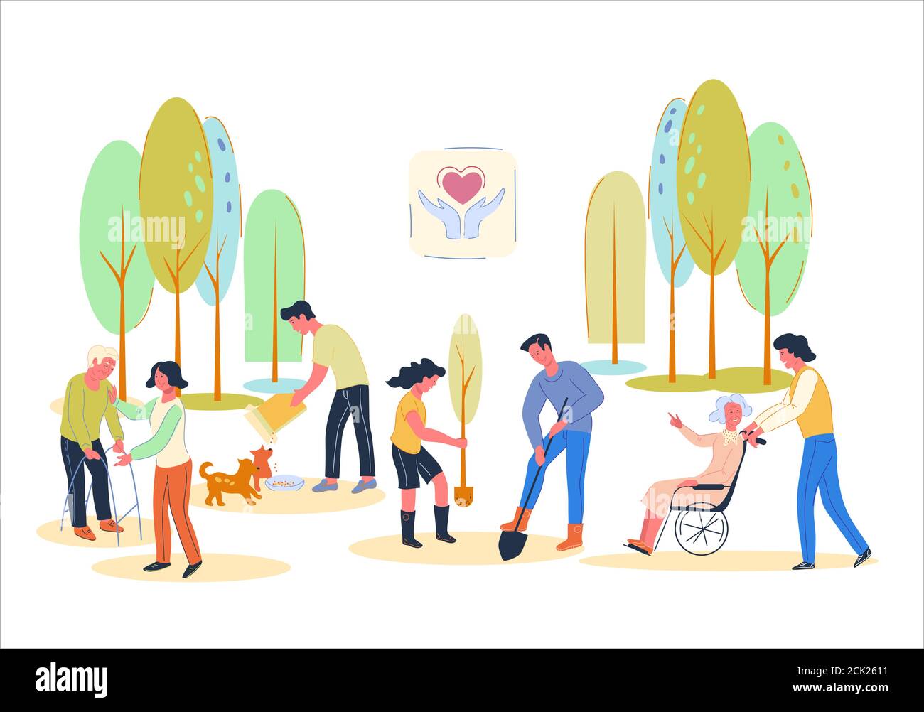 I volontari lavorano aiutando le persone anziane, piantando. Illustrazione Vettoriale