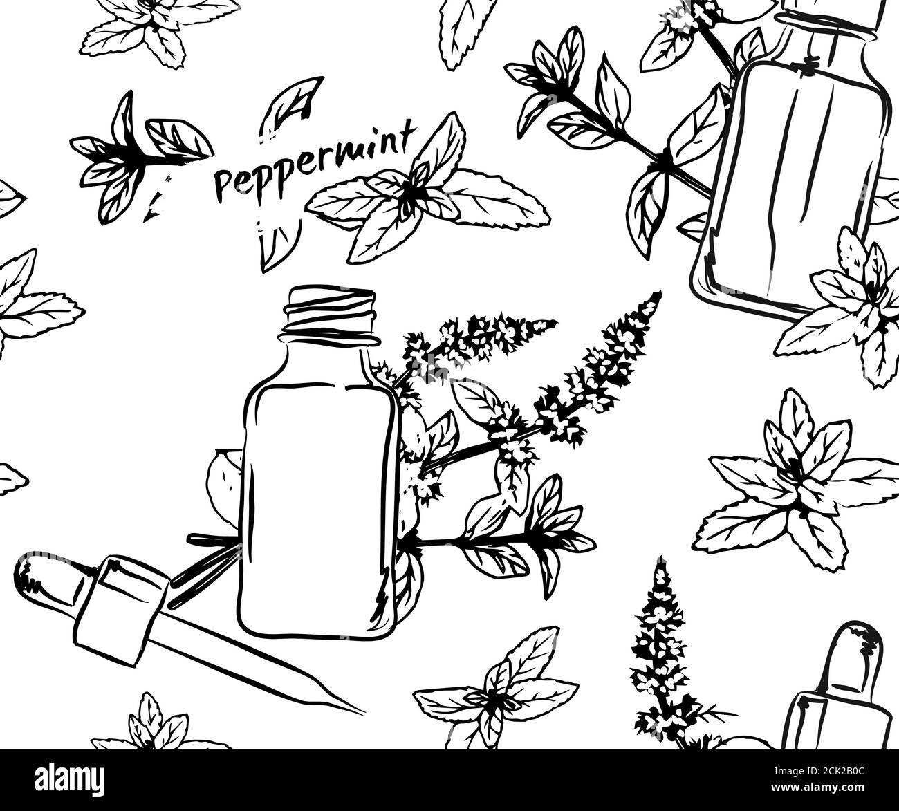 Bottiglie di olii essenziali in bianco e nero trafilate a mano, senza cuciture con bottiglie di olii essenziali: Olio essenziale olio cosmetico, profumo e curativo e Illustrazione Vettoriale