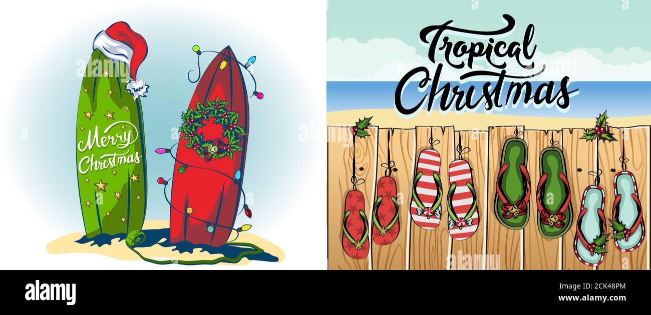 tavole da surf decar per natale e capodanno, decorazioni da garlands luce e agrifoglio intessuto per natale, spiaggia tropicale in vacanza Illustrazione Vettoriale