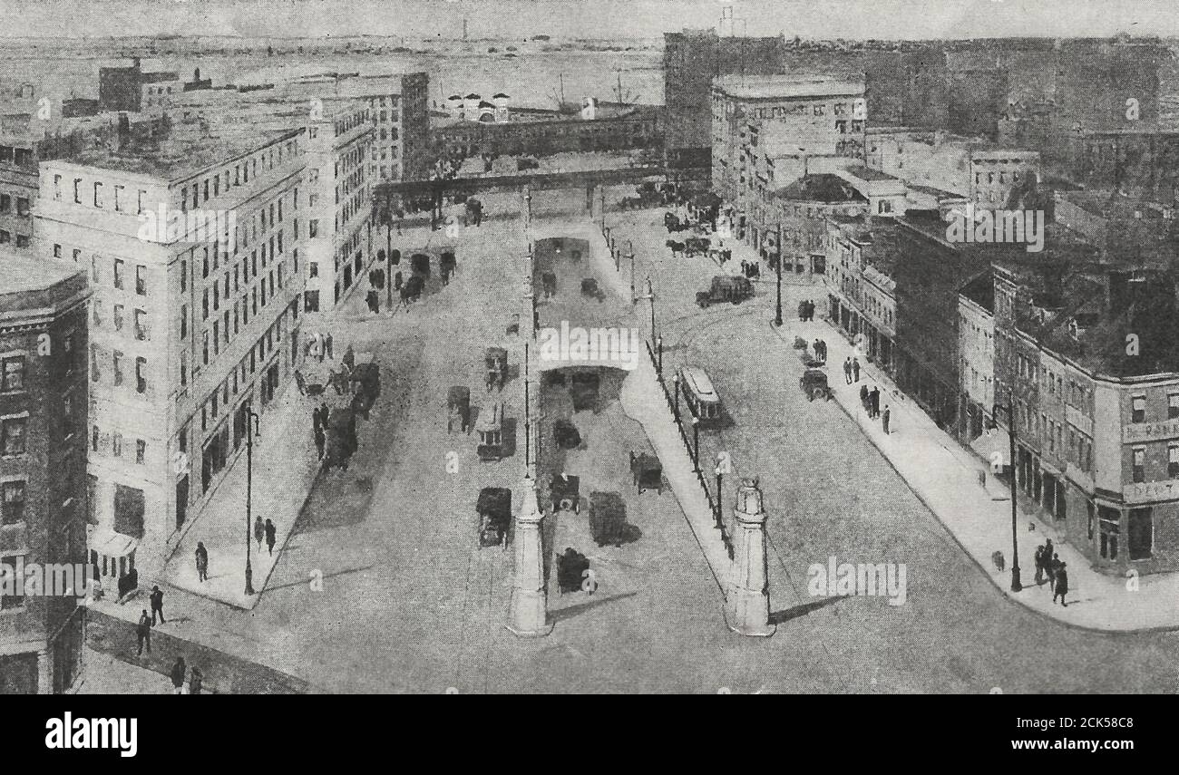 Ingressi ai livelli superiore e inferiore del tunnel in Canal Street rispettivamente a Hudson e Varick Street, per un tunnel proposto a New York City nel 1919 Foto Stock