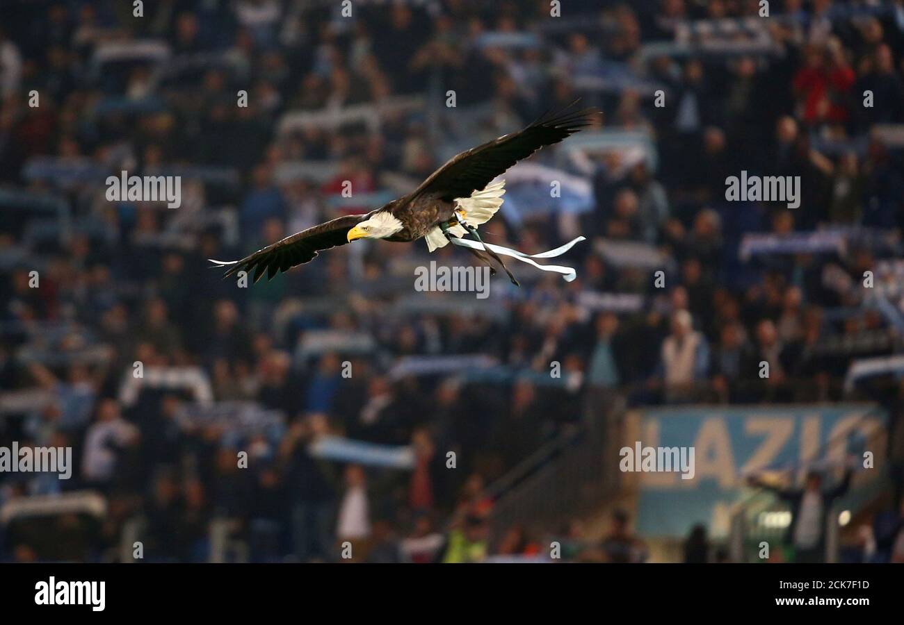 Calcio Calcio - Serie A - Lazio vs AS Roma - Stadio Olimpico, Roma, Italia - 15 aprile 2018 la mascotte laziale Olimpia vola intorno allo stadio prima della partita REUTERS/Alessandro Bianchi Foto Stock