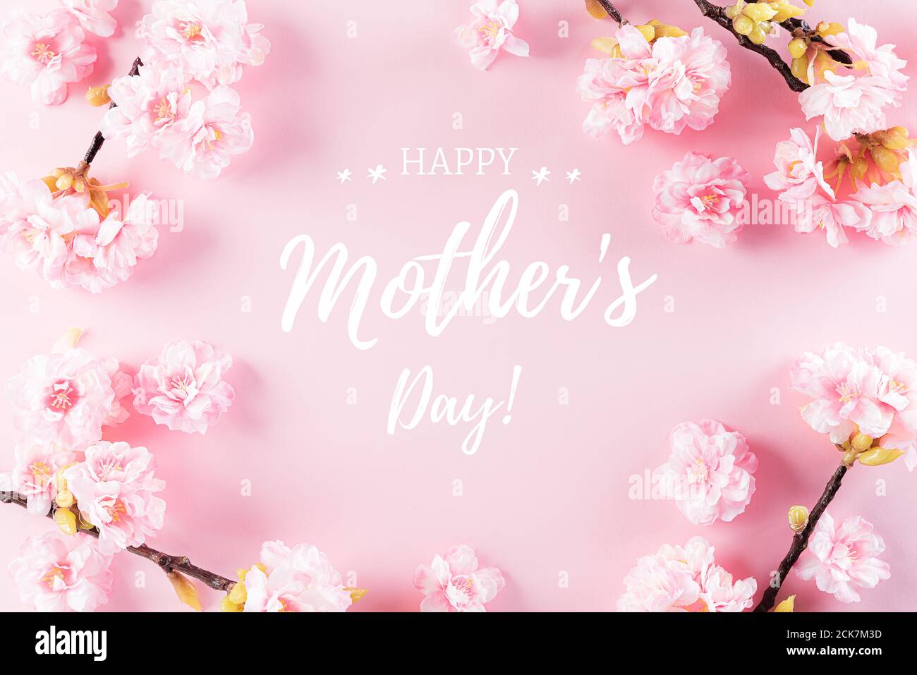 Buon giorno della Madre, Festa della Donna o concetto di saluto di San Valentino. Colori pastello Rosa sfondo con fiori in fiore motivi di posa piatti. Foto Stock