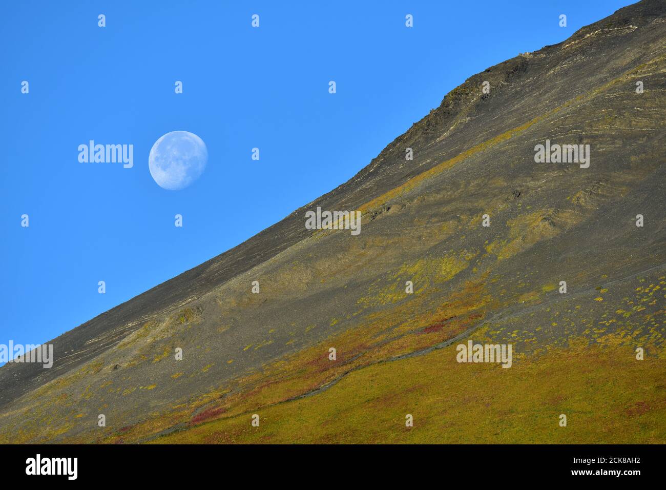 La luna che pende si mette dietro il Monte Marathon in una mattinata autunnale a Seward, Alaska. La montagna è l'ambientazione per l'annuale Monte Marathon ra della città Foto Stock