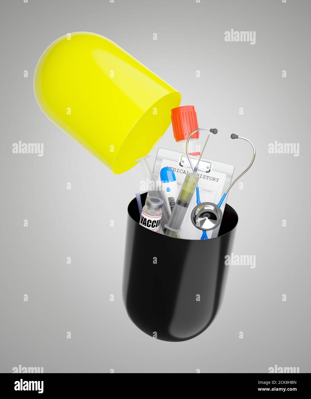 I dispositivi medici sono fuoriuscite da grandi capsule di antibiotico nere e gialle su uno sfondo grigio-bianco. Il concetto di mantenere una buona salute prendendo Foto Stock