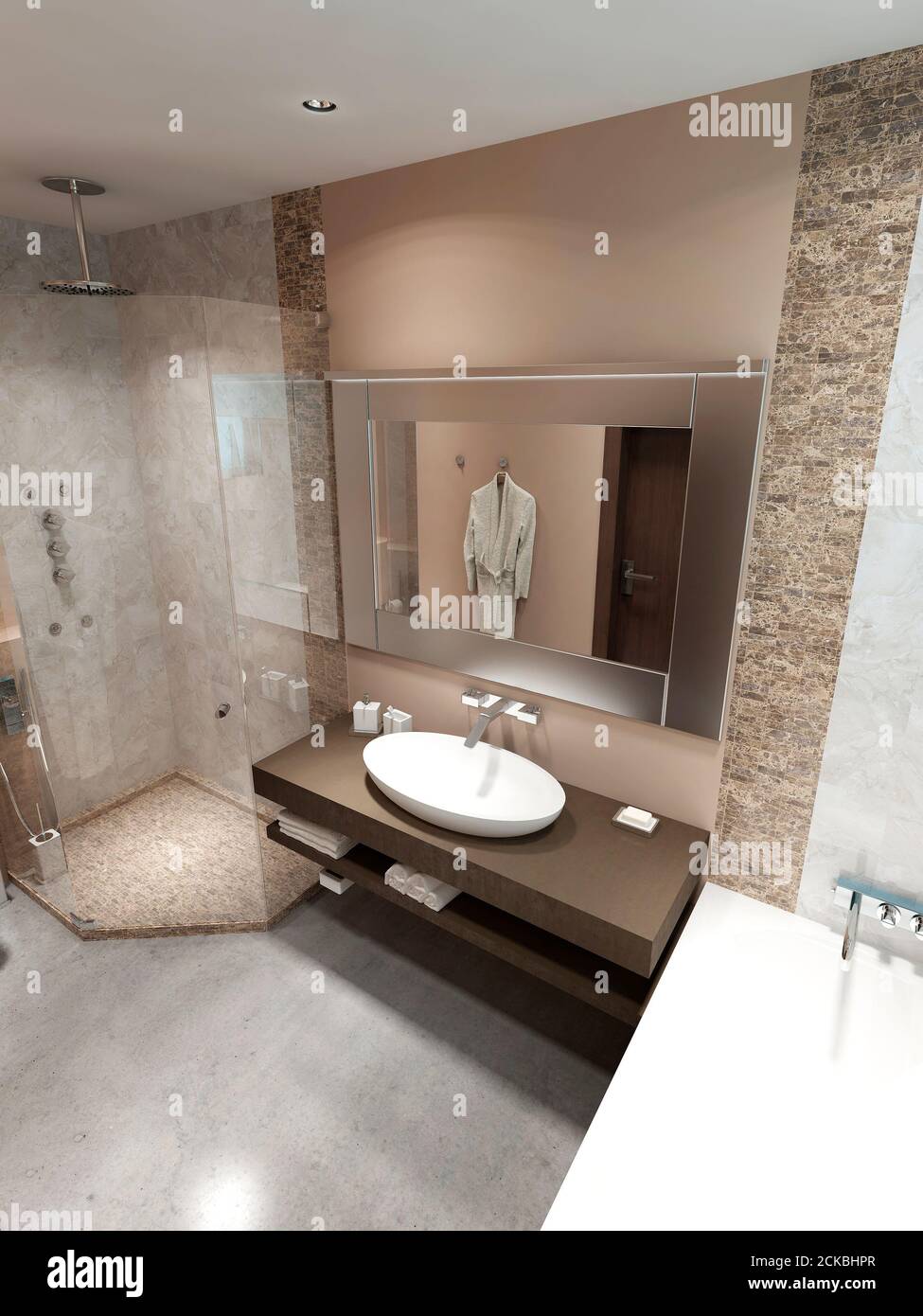 Bagno moderno con doccia. In marrone, bianco e beige. Rendering 3D Foto  stock - Alamy