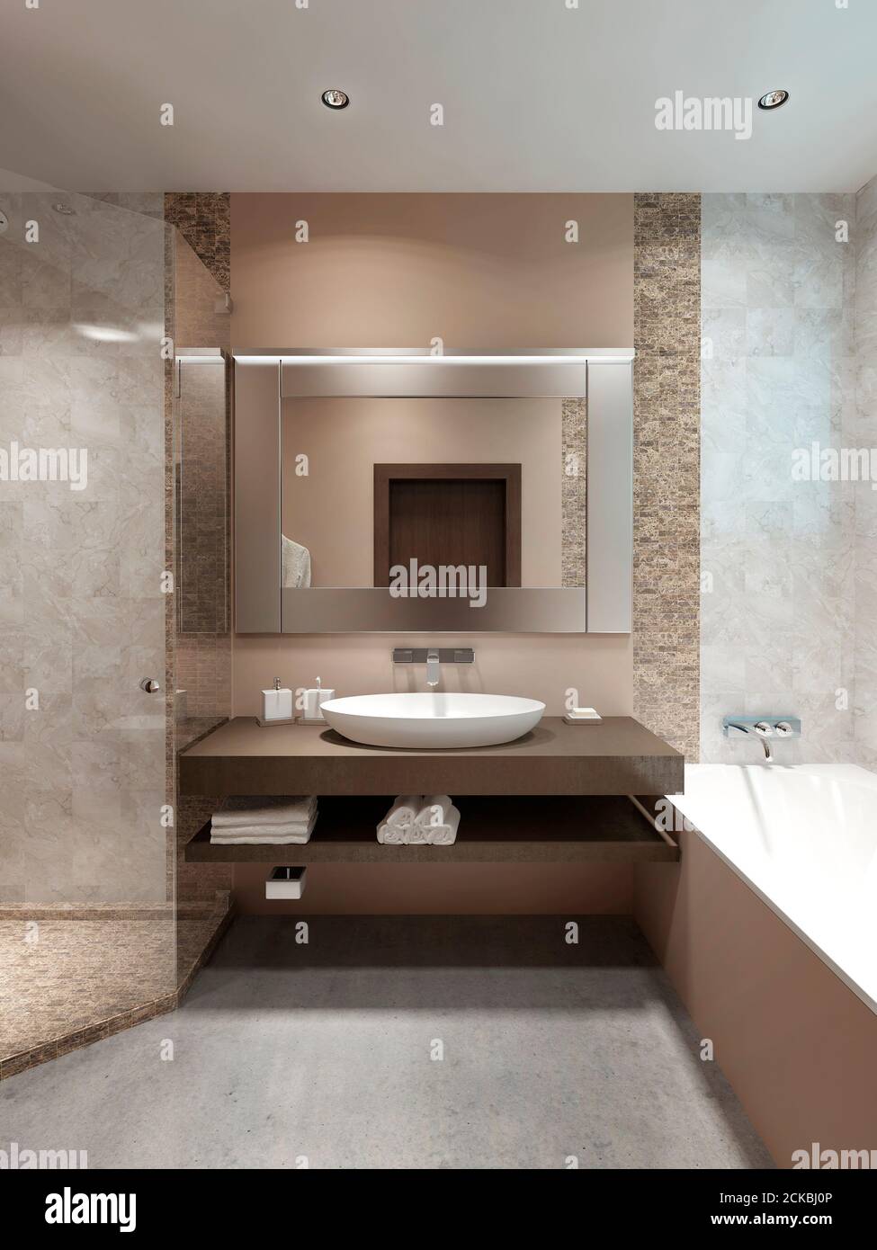 Moderna console con lavandino, nel bagno. Legno impiallacciato marrone. In stile  contemporaneo. Rendering 3D Foto stock - Alamy