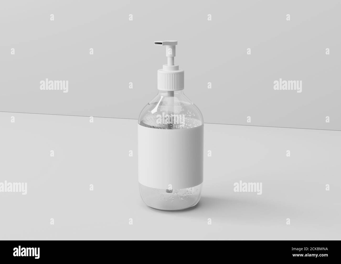 Rendering 3D del mock-up di bottiglie cosmetiche in plastica bianca sul dorso bianco. Rendering o illustrazione. Foto Stock