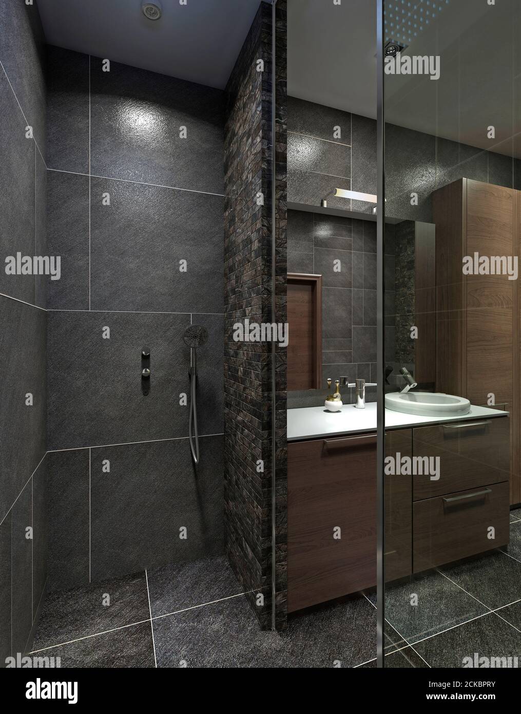L'idea di un bagno con doccia e console lavabo. Nello stile del  Constructivismo. Il nero, grigio e marrone. Rendering 3D Foto stock - Alamy