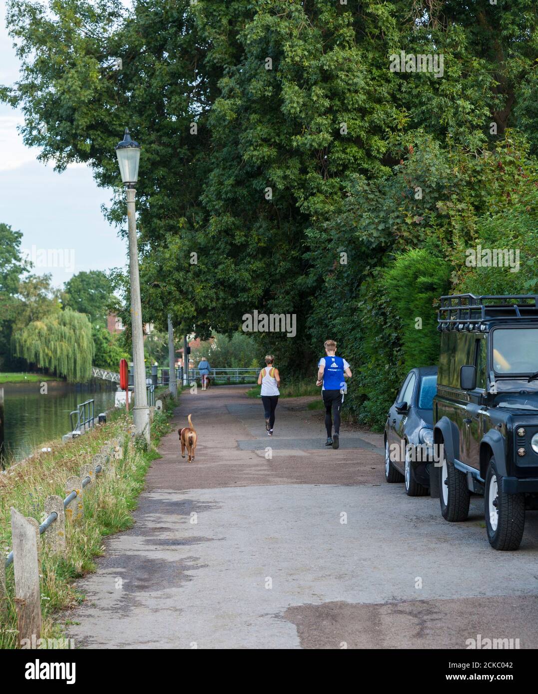 Joggers e un cane che corre lungo il percorso lungo la riva del fiume a. Teddington Lock, Inghilterra, Regno Unito Foto Stock