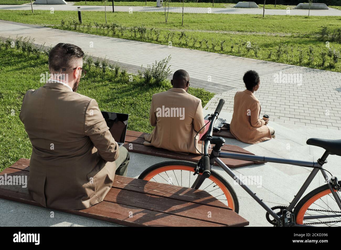 Vista posteriore del personale d'affari seduto sulle panchine e in funzione all'aperto nel parco Foto Stock