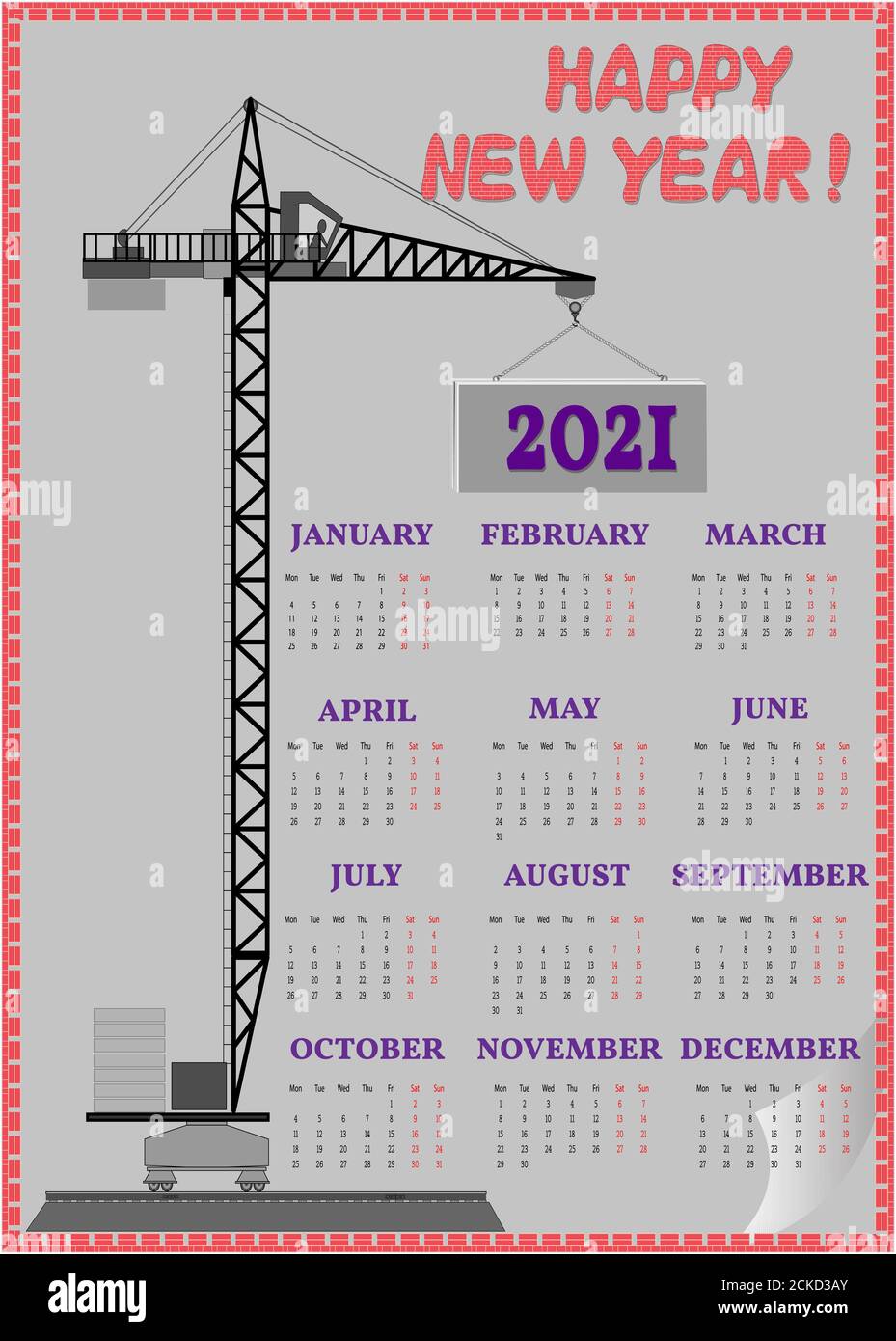 La gru a torre solleva il pannello con calendario per il 2021. Foto Stock