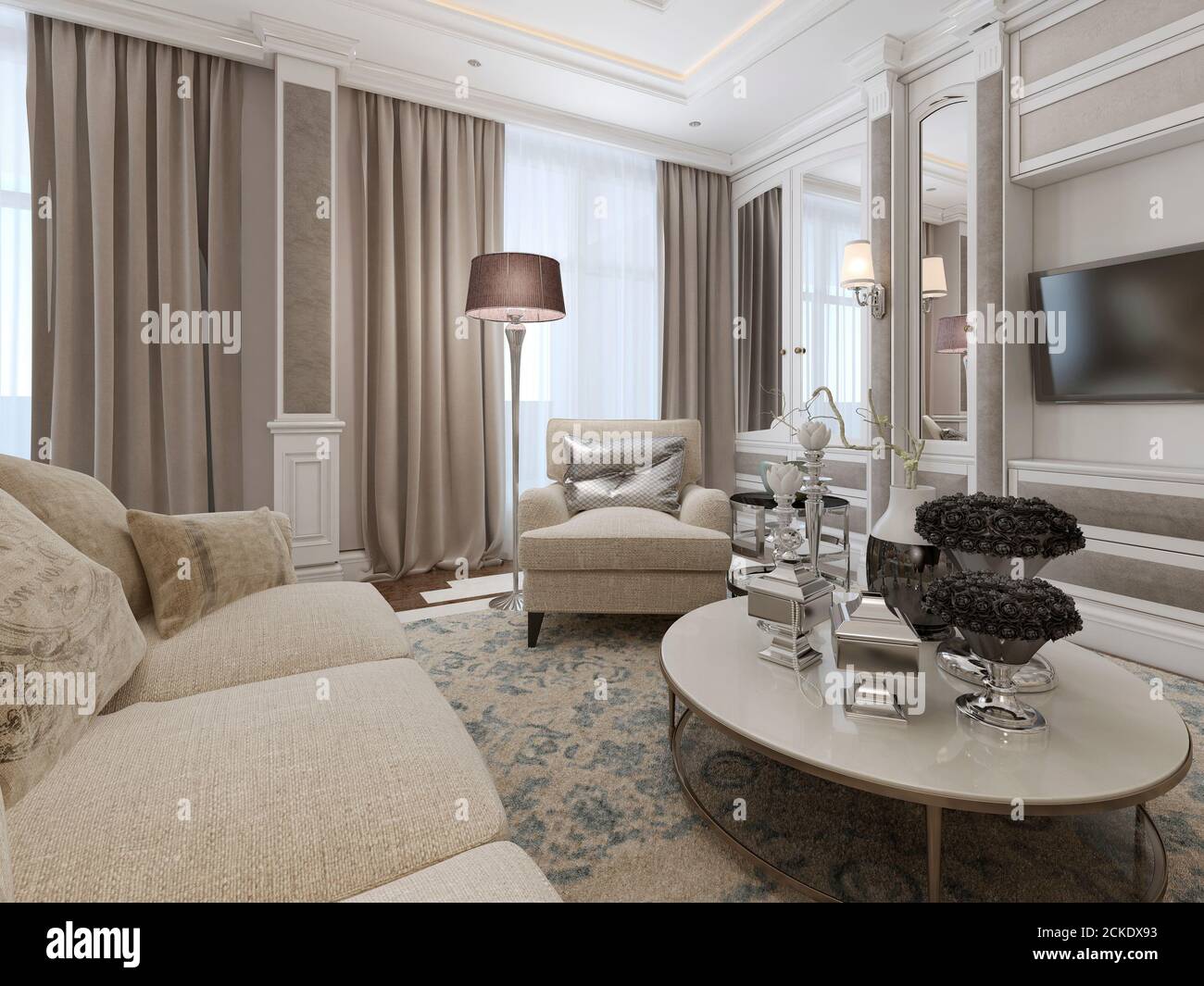Lussuoso soggiorno con inserti a specchio sulle pareti con delicati arredi classici in beige e colori chiari del caffè. Rendering 3D Foto Stock
