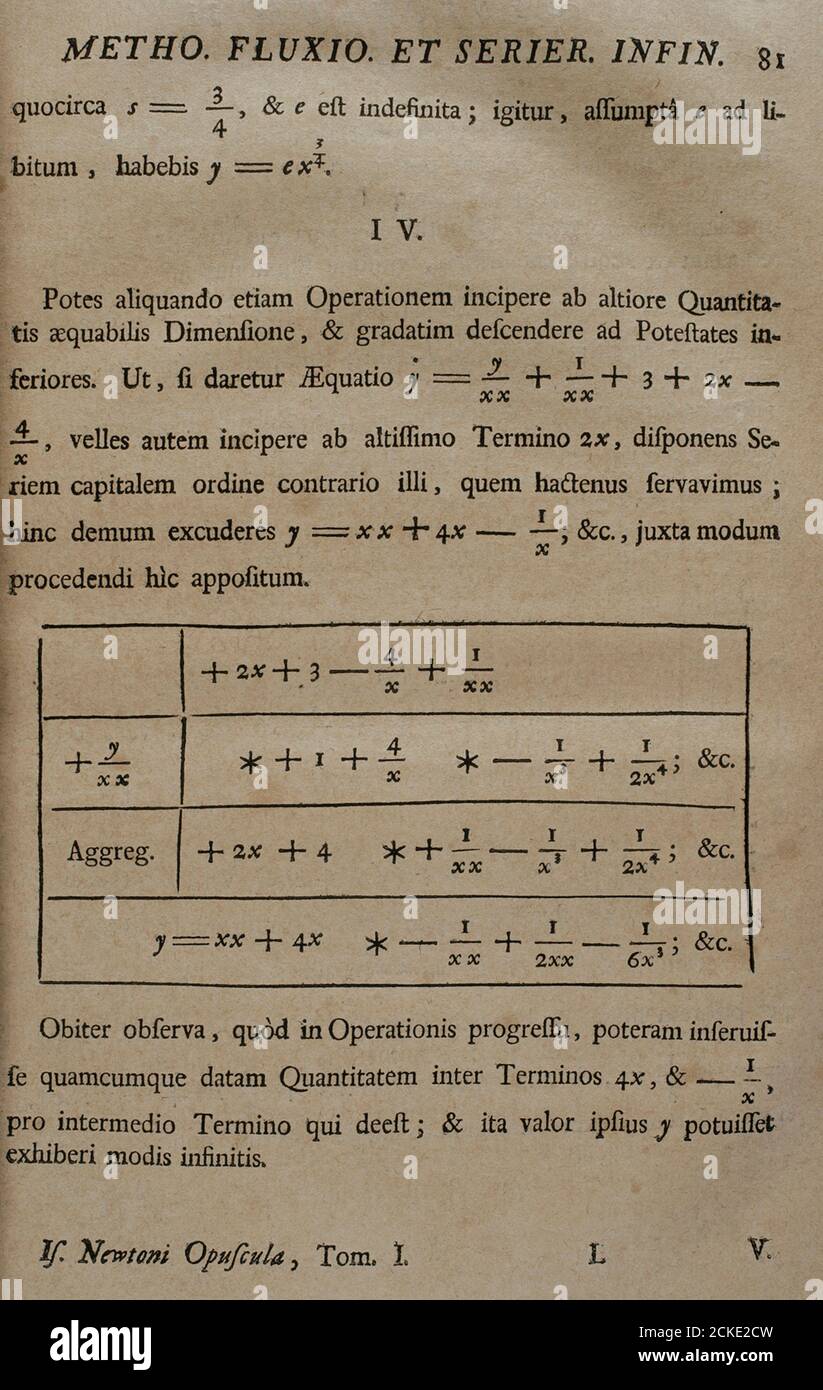 Isaac Newton (1642-1727). Fisico inglese, astronomo e matematico. 'Ofuscola Mathematica, Philosophica et Filologica'. Volume i: Matematica. Pagina interna con calcoli matematici. Pubblicato a Losanna e Ginevra, 1744. L'opera originale di Newton risale al 1686. Foto Stock