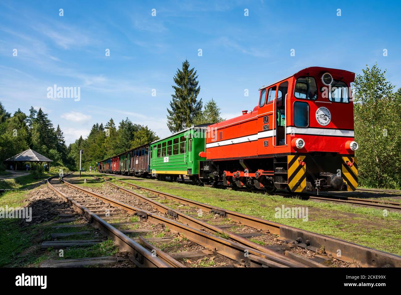 Bieszczady Forest Railway - Romeno Lyd2 locomotiva diesel a scartamento ridotto con carrozze turistiche alla stazione di Balnica. Montagne Bieszczady, Polonia, Foto Stock