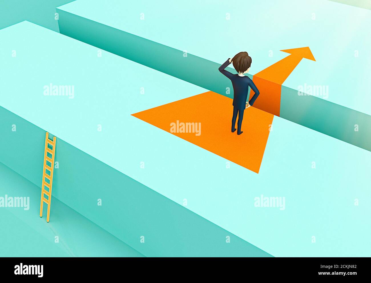 Rendering 3D di imprenditore maschile in piedi sulla freccia arancione vicino divario di carriera sulla strada per la promozione Foto Stock