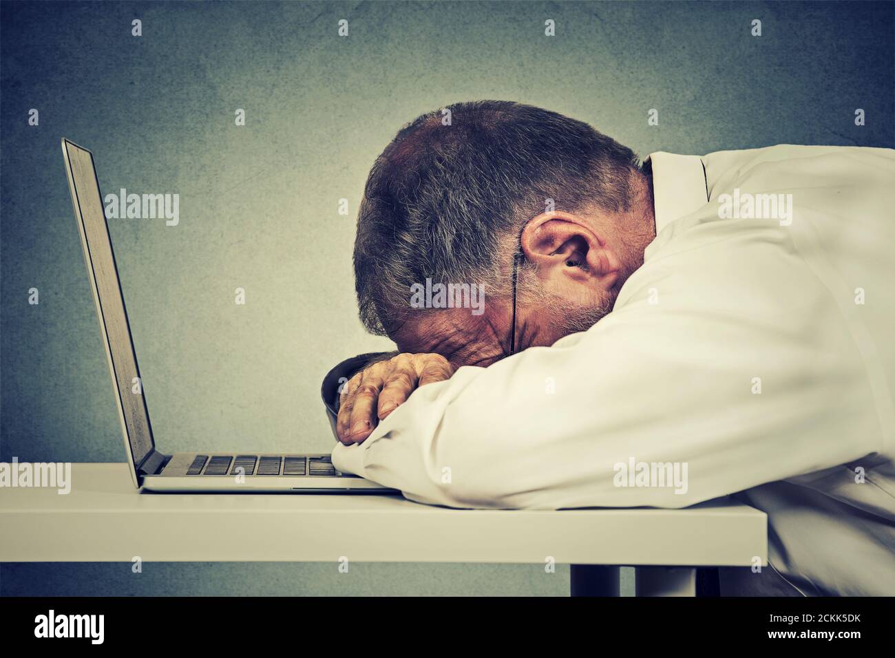 Profilo laterale uomo d'affari maturo che dormiva su un notebook isolato su uno sfondo grigio della parete dell'ufficio. Mancanza di sonno, concetto di ore di lavoro lunghe Foto Stock