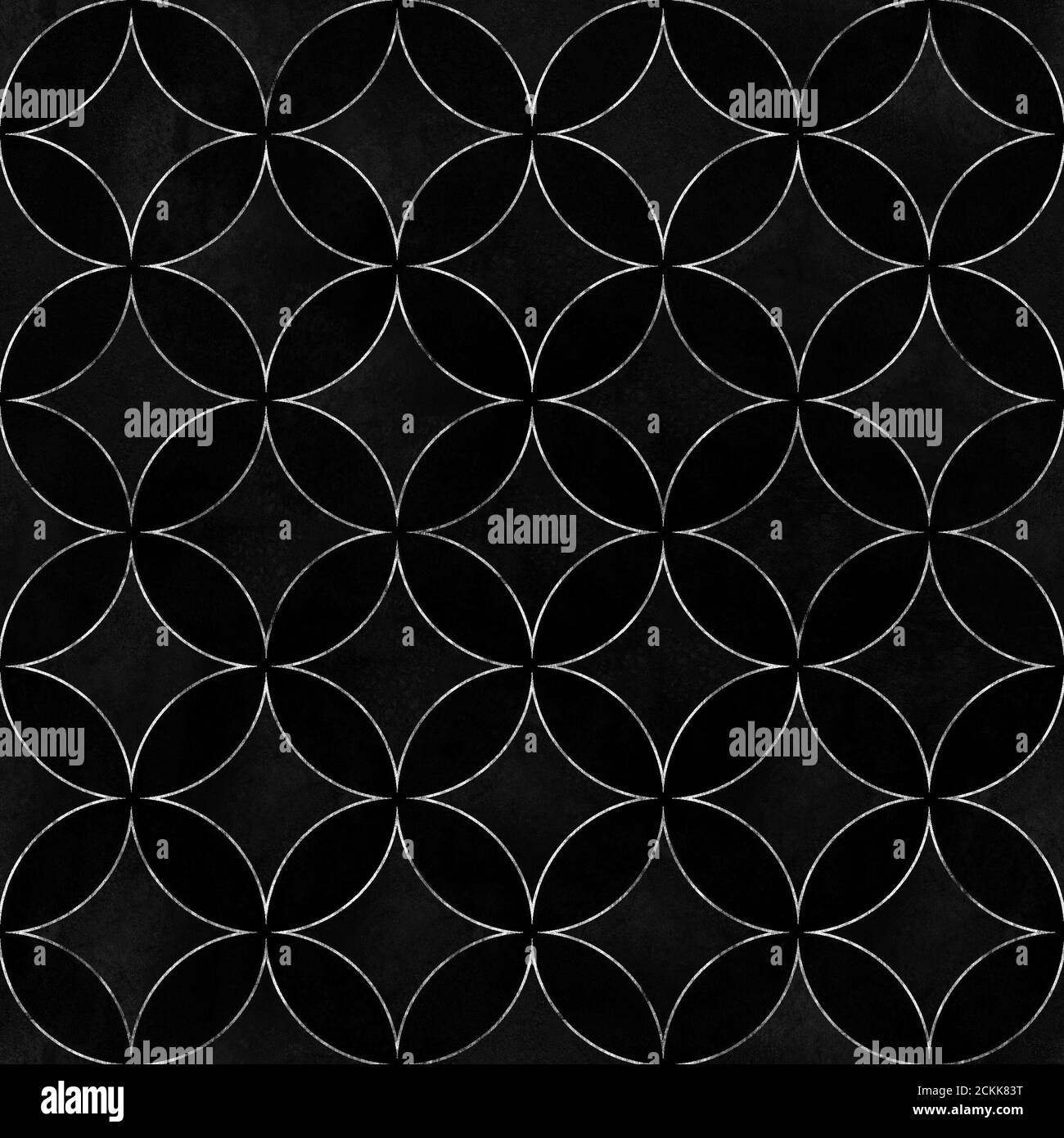 Cerchi in velluto nero di lusso sovrapposti motivo senza cuciture. Acquerello disegnato a mano nero e argento texture sfondo. Sfera geometrica acquerello sh Foto Stock