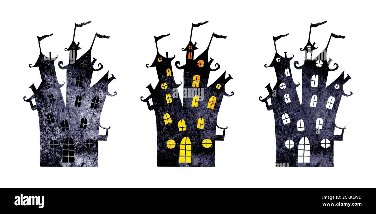 Halloween silhouette insieme di tre acquerelli blu scuro blu scuro nero terribile castelli isolati su sfondo bianco. Halloween notte foresta concetto desig Foto Stock
