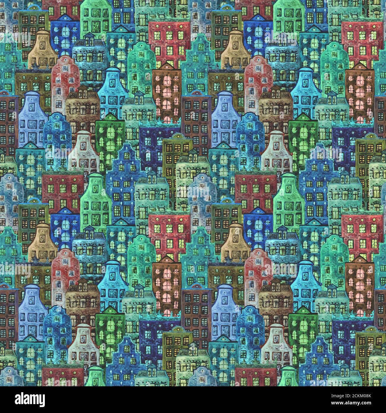 Case della vecchia europa. Motivo senza cuciture di colorate case in stile europeo di amsterdam acquerello. Acquerello fatto a mano Paesi Bassi facciate stilizzate di vecchia Foto Stock