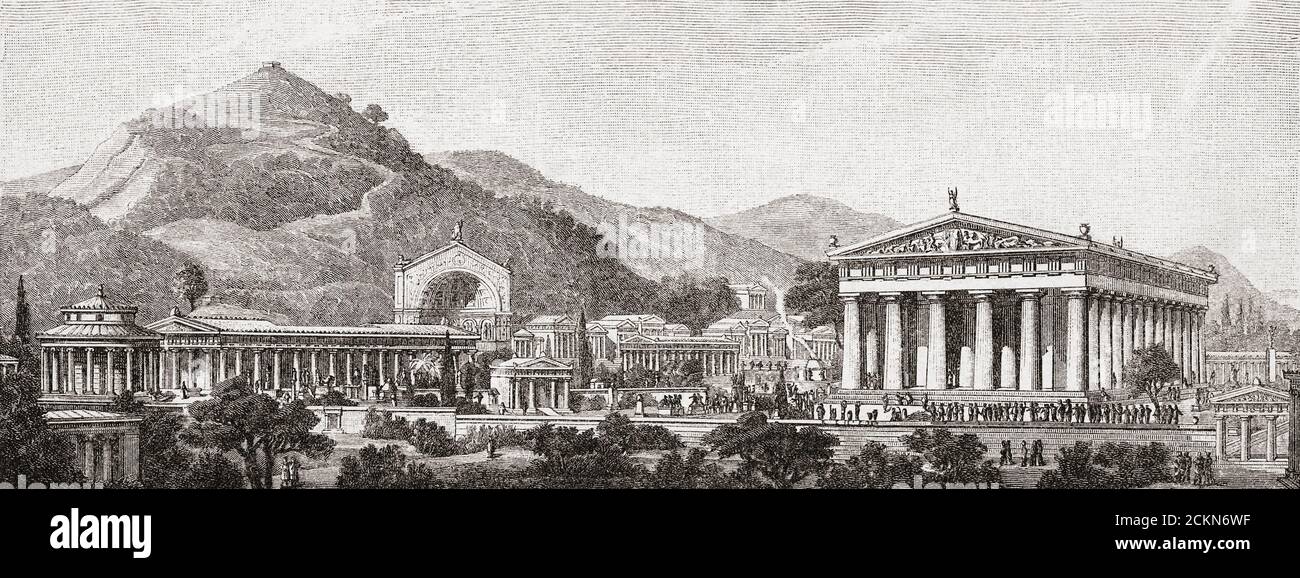 Vista di Olimpia, Grecia, come potrebbe aver guardato durante il V e IV secolo periodo classico. L'edificio sulla destra è il Tempio di Zeus. Dopo un lavoro di R. Bohn. Foto Stock