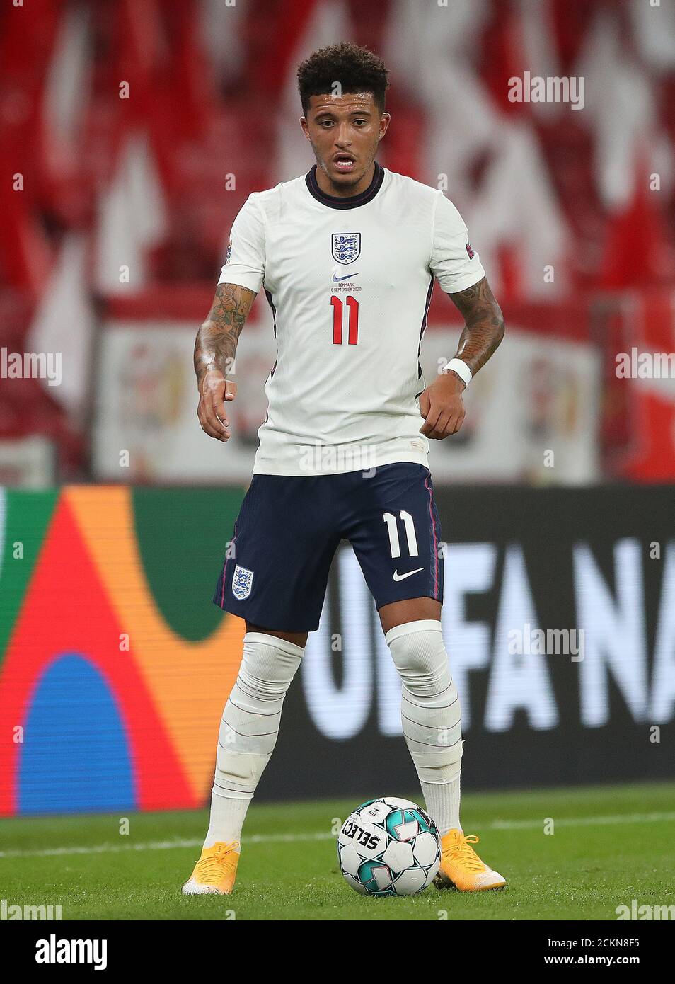 L'inglese Jadon Sancho durante la UEFA Nations League Group 2, League A match al Parken Stadium, Copenhagen. Foto Stock