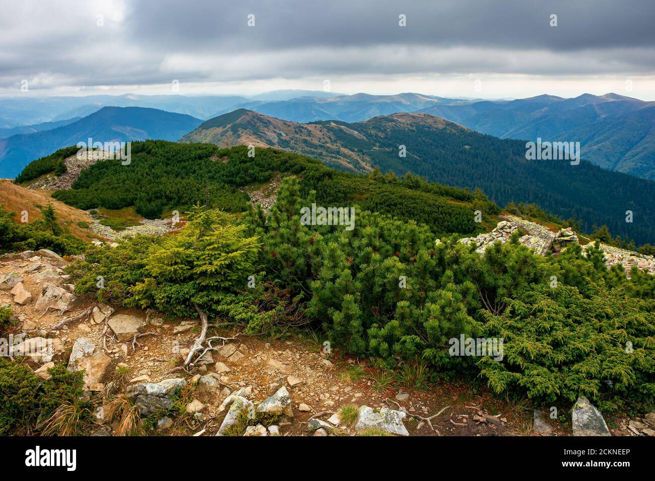 vista dalla cima di una montagna. nuvoloso scenario autunnale. catena montuosa dietro la valle in lontananza. tempo drammatico in paesaggi colorati Foto Stock