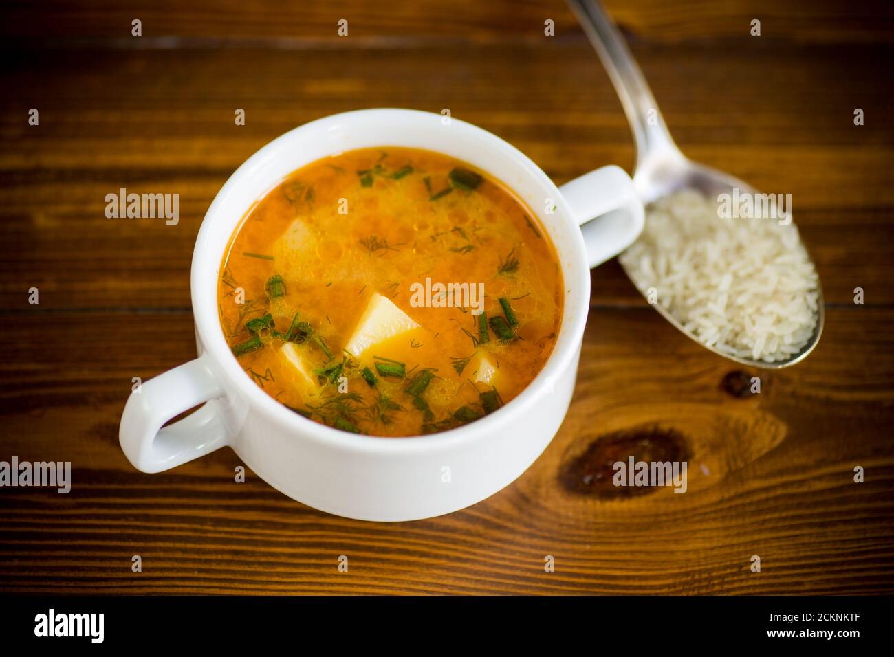 zuppa vegetariana di riso al pomodoro in un piatto Foto Stock