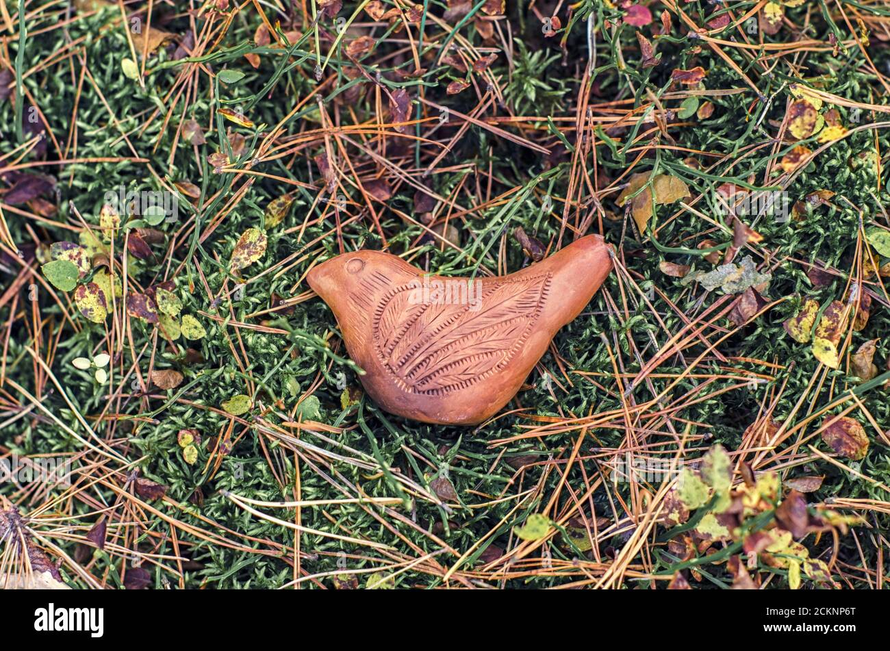 Uccelli in ceramica è un fischio fatti di argilla rossa fatti a mano. Moss sphagnum è una fioritura texture floreali. Foto Stock