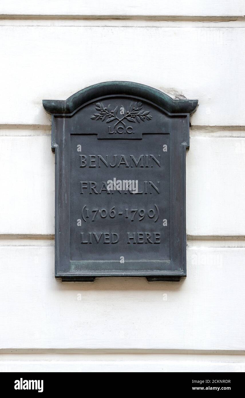 Londra, Inghilterra, Regno Unito. Lapide commemorativa.'Benjamin Franklin (1706-1790) visse qui' a 36 Craven Street, Westminster, WC2 Foto Stock