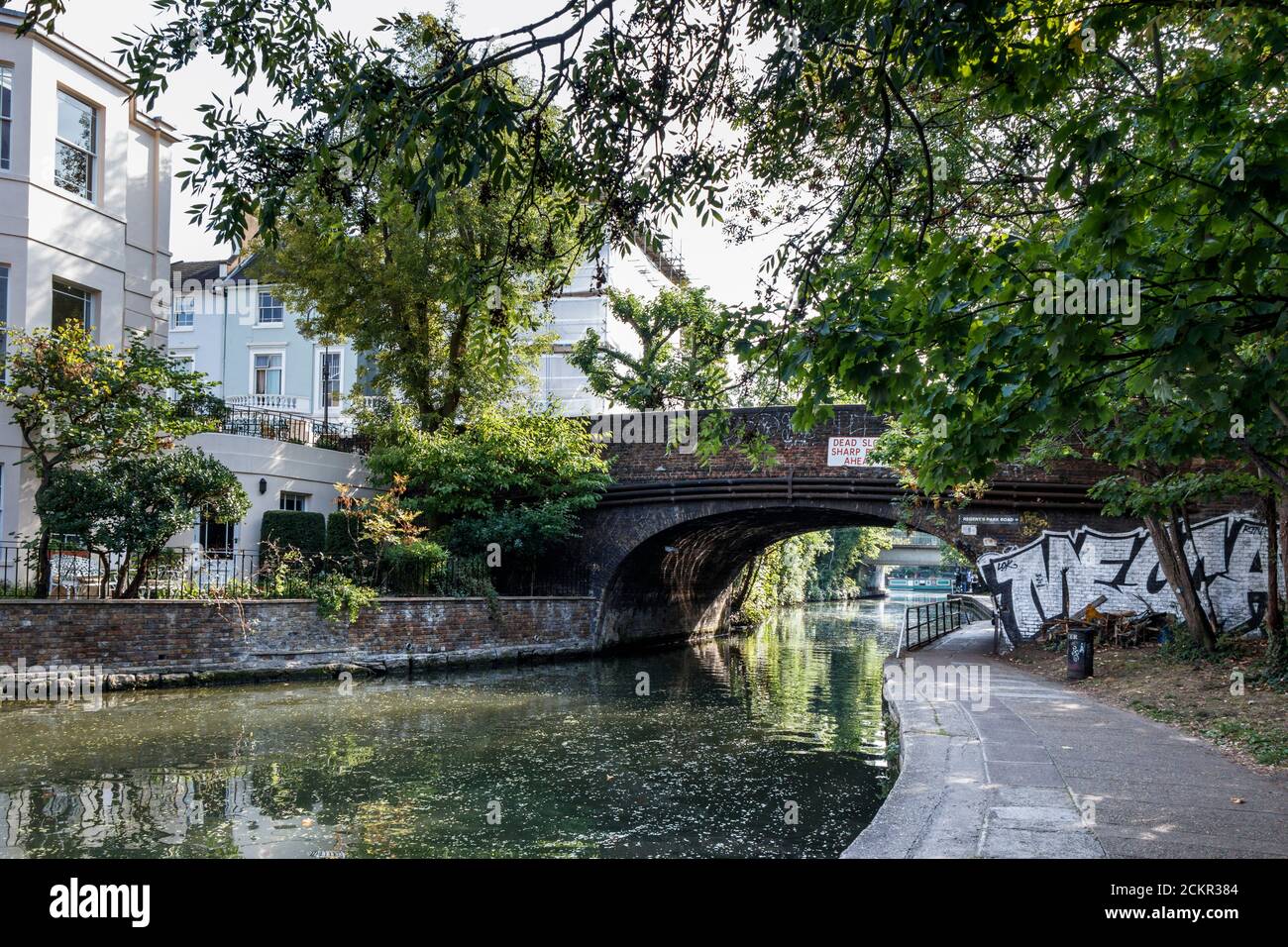 Proprietà residenziali georgiane che si affacciano sul Regent's Canal nella zona di Primrose Hill di Londra, Regno Unito Foto Stock