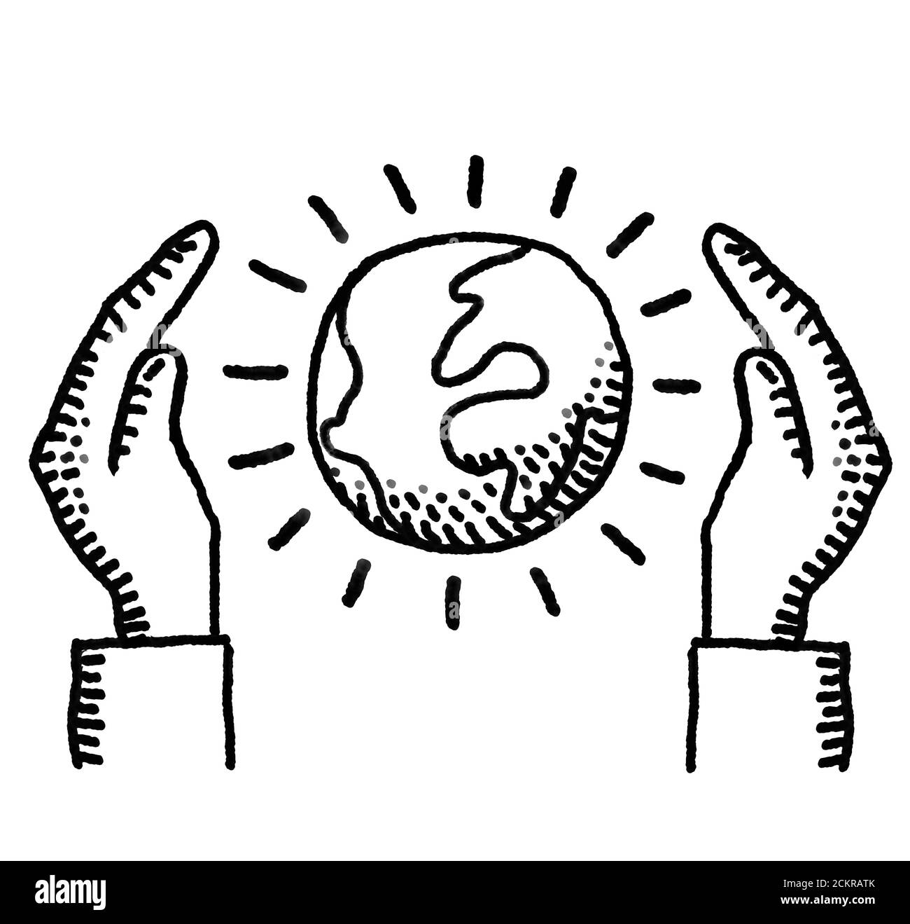 mondo e mano, simbolo della protezione ambientale Foto Stock