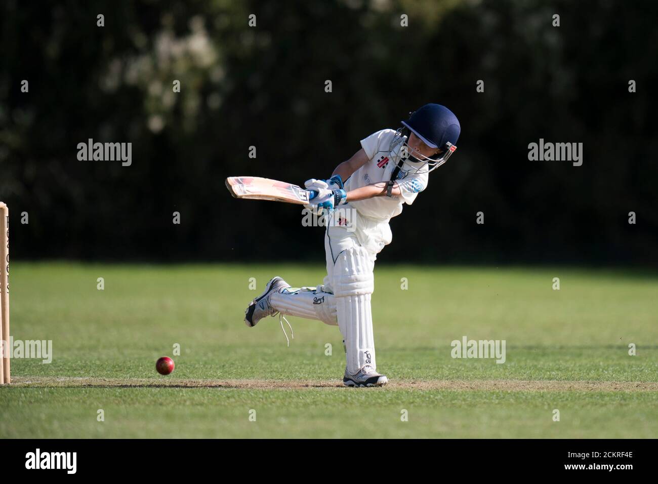 Ragazzo giovane che gioca cricket sparato durante la partita di cricket villaggio per tutte le età. Foto Stock