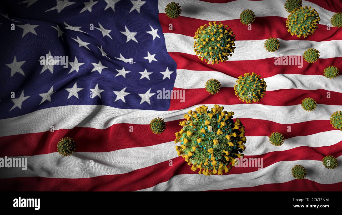 COVID-19 molecole di Coronavirus sulla bandiera degli Stati Uniti - crisi sanitaria - Numero uno Paese in casi COVID - USA Virus Pandemic Vittime Abstract background Foto Stock