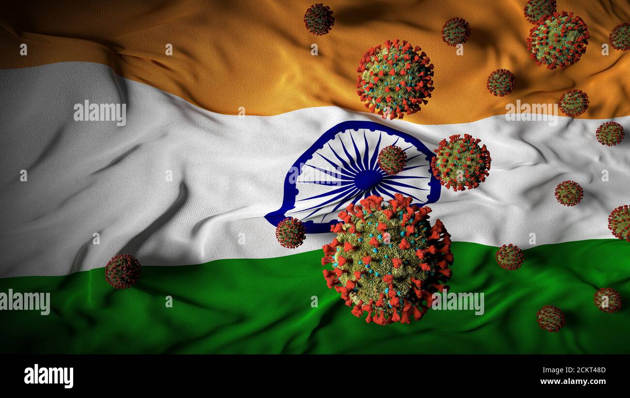 COVID-19 molecole di Coronavirus sulla bandiera indiana - crisi di salute con Aumento dei casi di COVID - India Virus Pandemic casualità astratto Sfondo Foto Stock