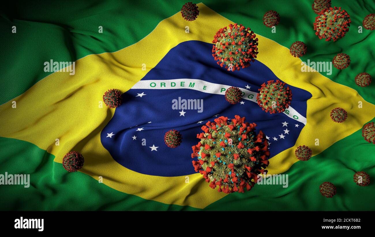 COVID-19 molecole di Coronavirus sulla bandiera brasiliana - crisi di salute con Aumento dei casi di COVID - Brasile Virus Pandemic casueties Abstract Sfondo Foto Stock