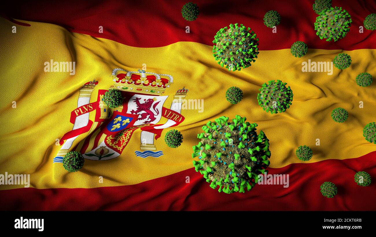 COVID-19 molecole di Coronavirus sulla bandiera spagnola - crisi di salute con Aumento dei casi di COVID - Spagna Virus Pandemic casualità astratto Sfondo Foto Stock